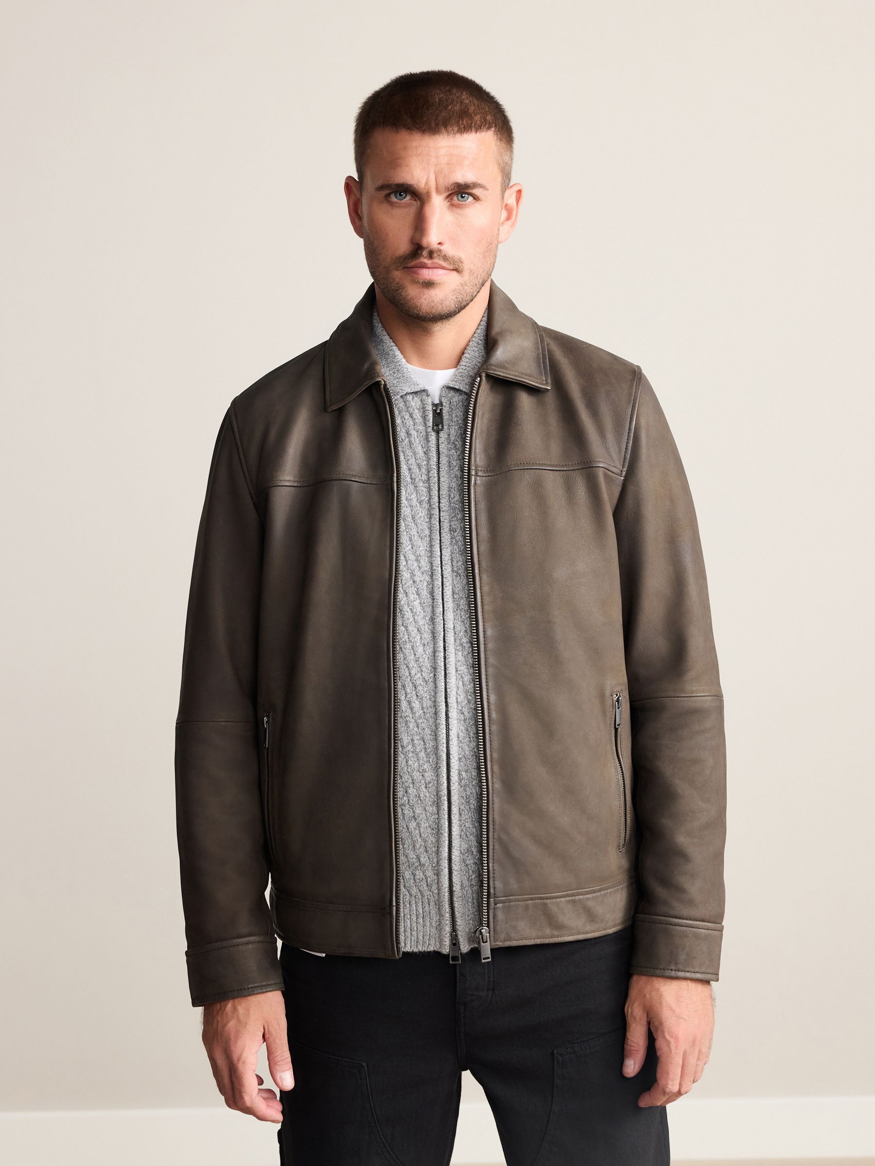 Buy Brown Nubuck Signature Leather Collared Jacket from Next South