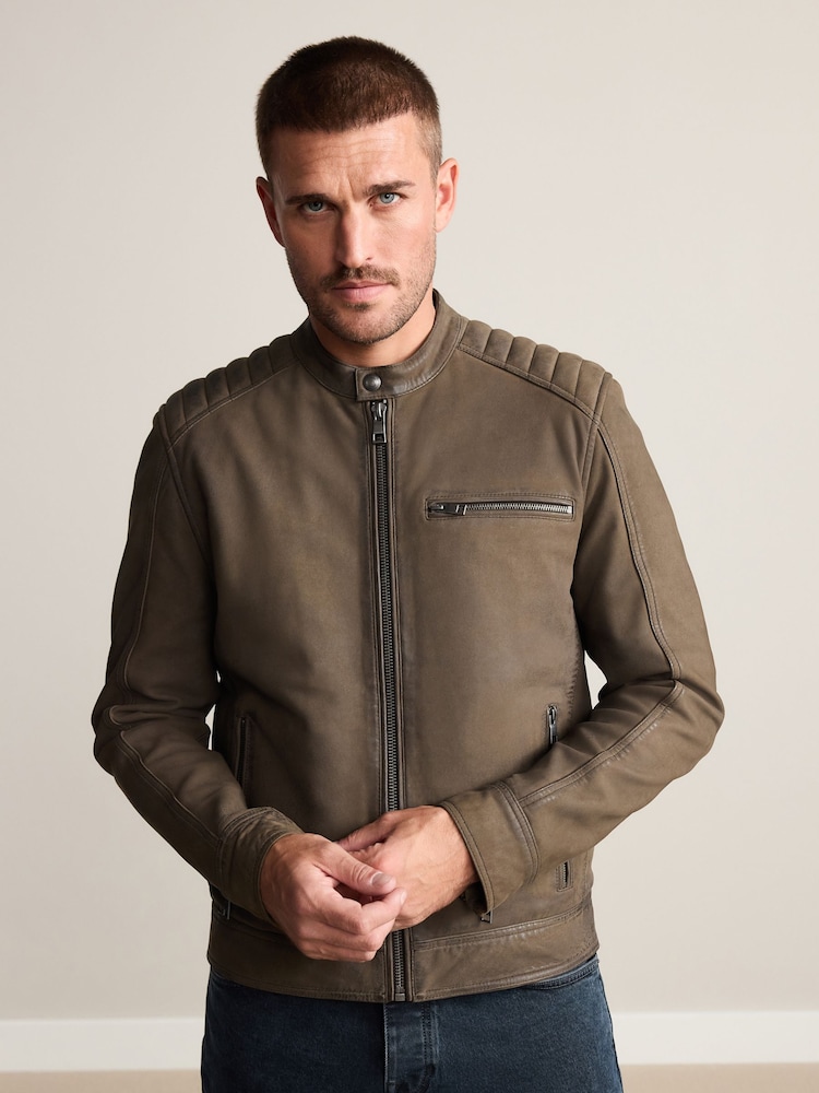 Brown Nubuck Signature Leather Racer Jacket - Image 1 of 15 Brown Nubuck Signature Leather Racer Jacket - Image 1 of 15