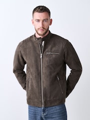 Mushroom Brown Faux Suede Borg Lined Zip Jacket - Image 1 of 11