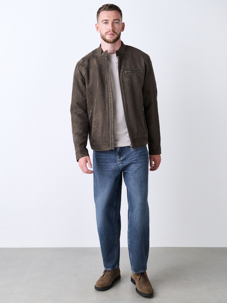 Mushroom Brown Faux Suede Borg Lined Zip Jacket - Image 2 of 11