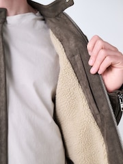Mushroom Brown Faux Suede Borg Lined Zip Jacket - Image 6 of 11