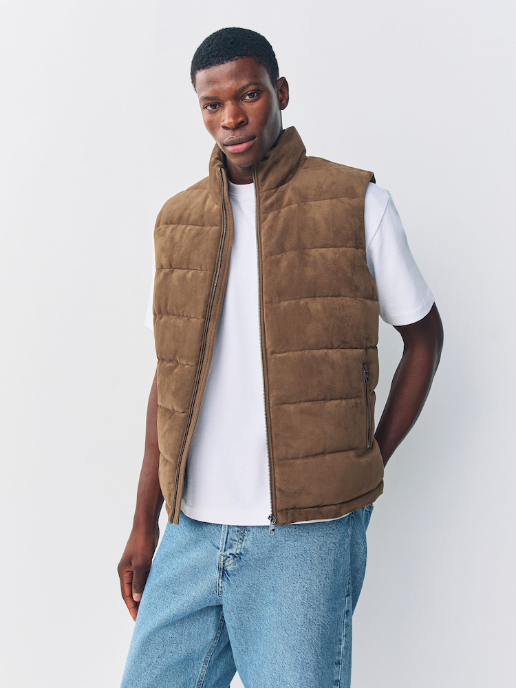 Tan Brown Faux Suede Quilted Gilet - Image 1 of 8