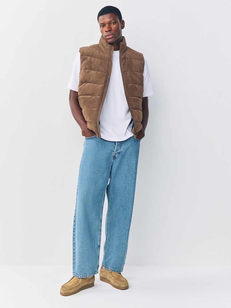 Tan Brown Faux Suede Quilted Gilet - Image 2 of 8