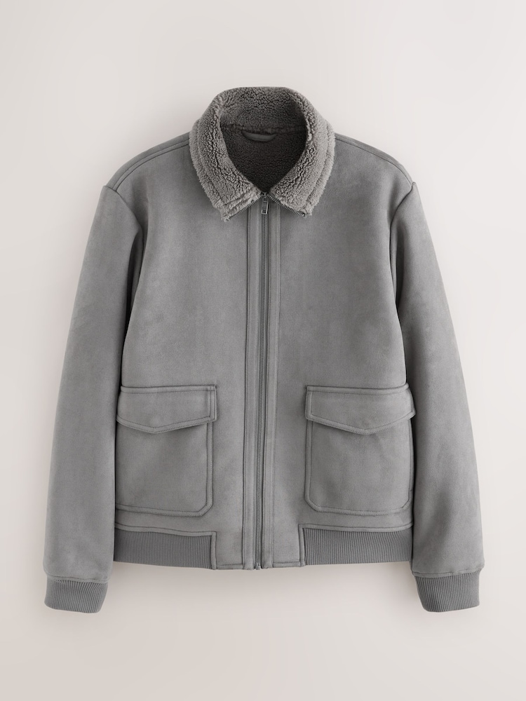 Charcoal Grey Faux Suede Borg Lined Jacket - Image 1 of 6