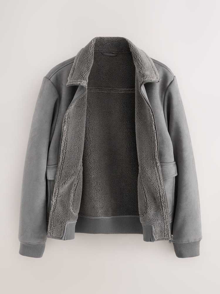 Charcoal Grey Faux Suede Borg Lined Jacket - Image 2 of 6