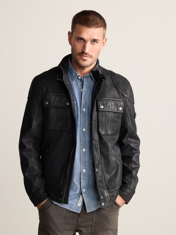 Black Nubuck Four Pocket Leather Biker Jacket - Image 1 of 14 Black Nubuck Four Pocket Leather Biker Jacket - Image 1 of 14