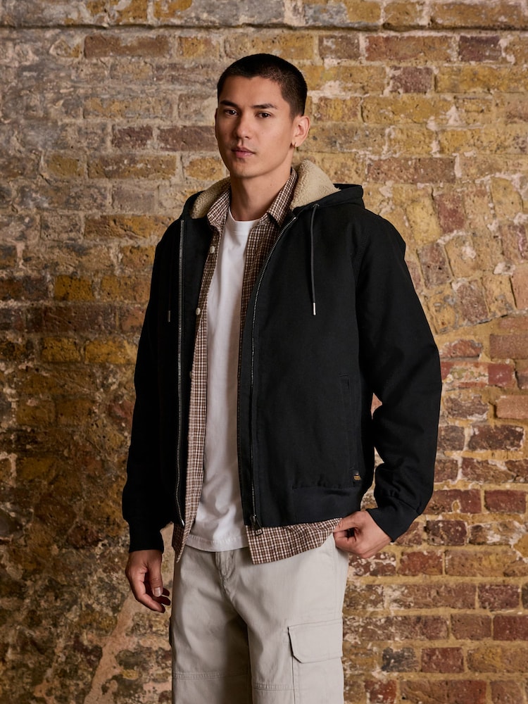 Black Canvas Borg Lined Hooded Jacket - Image 1 of 11