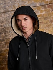 Black Canvas Borg Lined Hooded Jacket - Image 5 of 11