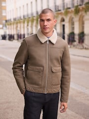 Brown Borg Lined Faux Leather Collared Jacket - Image 1 of 9