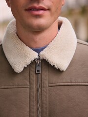 Brown Borg Lined Faux Leather Collared Jacket - Image 3 of 9