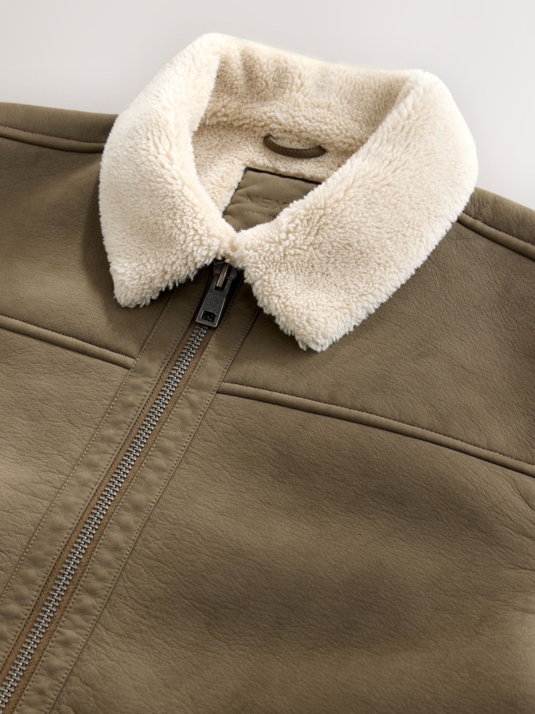 Brown Borg Lined Faux Leather Collared Jacket - Image 9 of 9