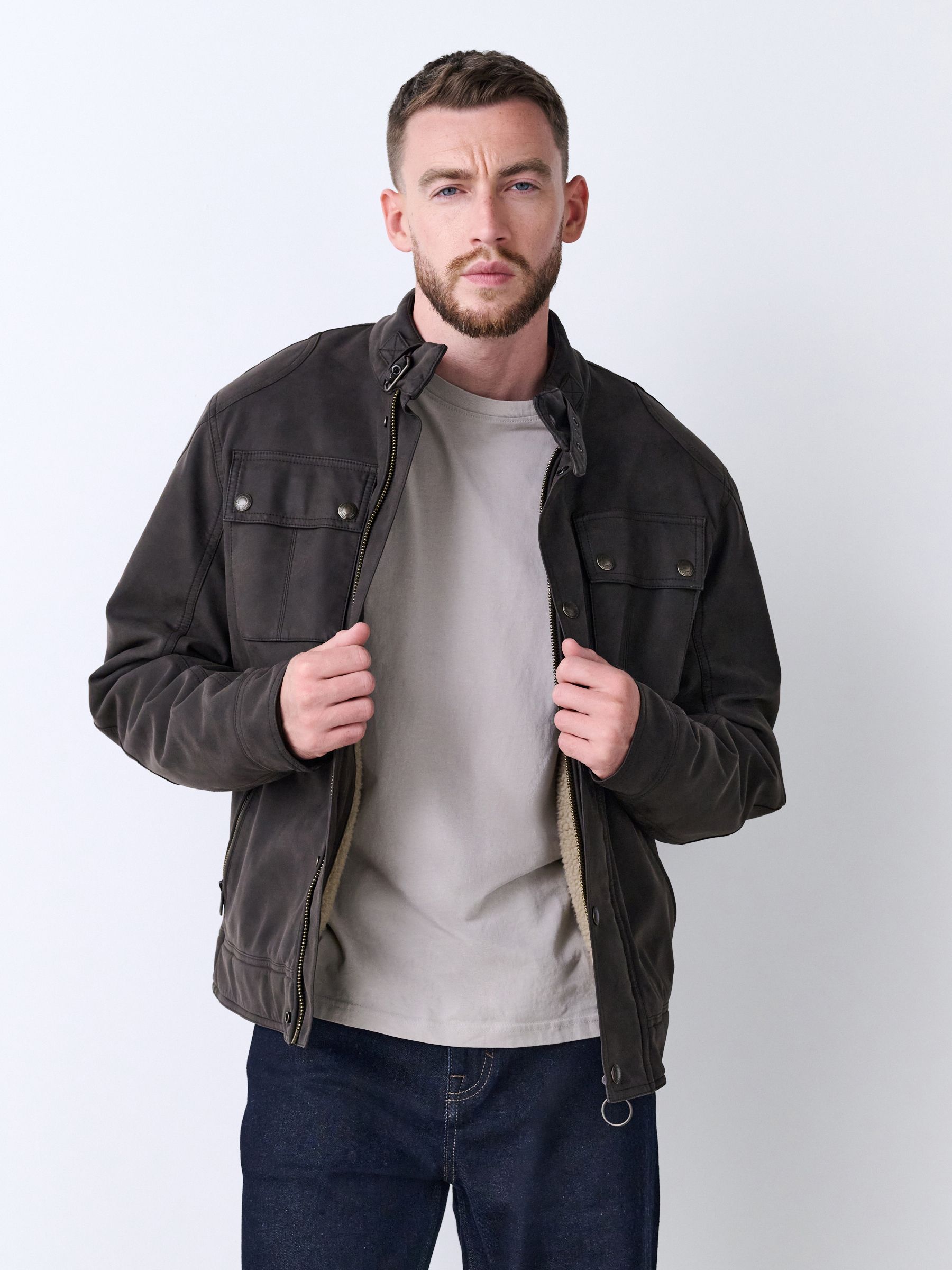 Buy Brown Faux Leather Borg Lined 4 Pocket Biker Jacket from the