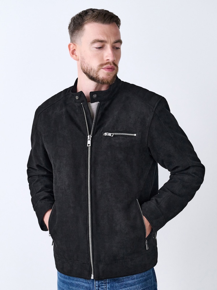 Black Faux Suede Borg Lined Racer Jacket - Image 1 of 11 Black Faux Suede Borg Lined Racer Jacket - Image 1 of 11