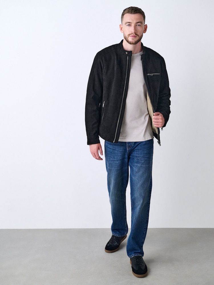 Black Faux Suede Borg Lined Racer Jacket - Image 2 of 11 Black Faux Suede Borg Lined Racer Jacket - Image 2 of 11