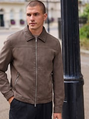 Brown Faux Leather Collared Jacket - Image 3 of 13