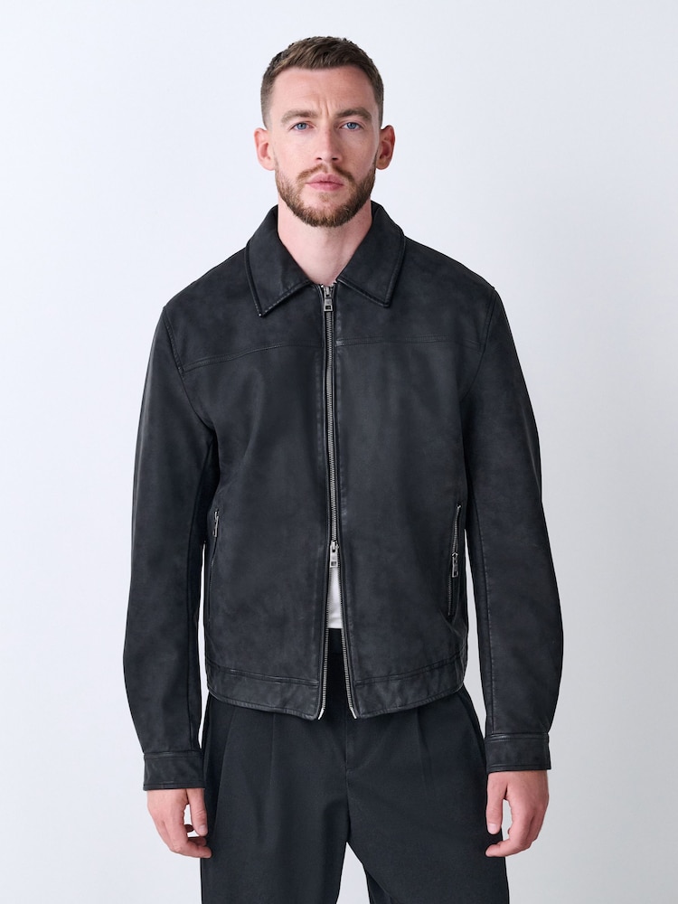 Black Faux Leather Collared Jacket - Image 1 of 12