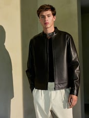 Dark Brown Faux Leather Racer Jacket - Image 1 of 9