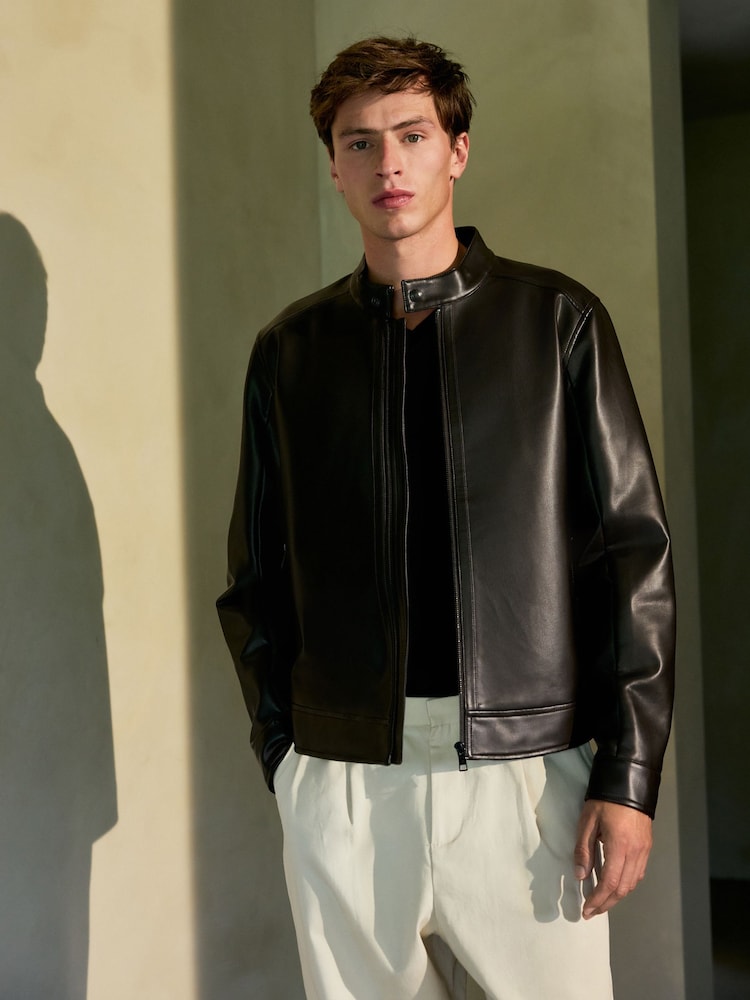 Dark Brown Faux Leather Racer Jacket - Image 1 of 9