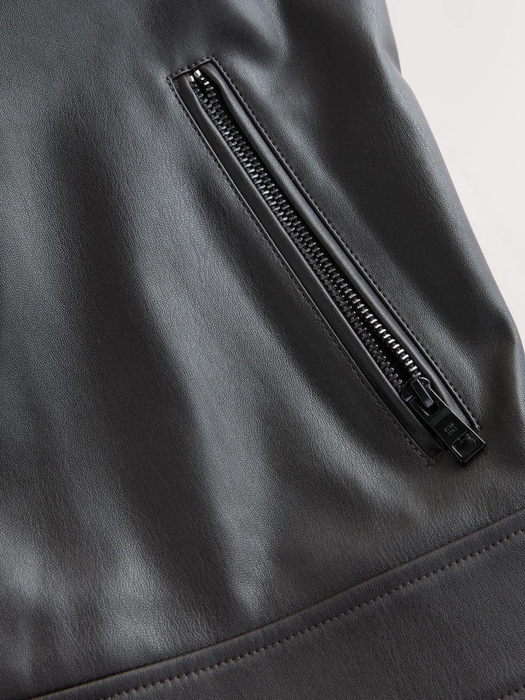 Dark Brown Faux Leather Racer Jacket - Image 9 of 9