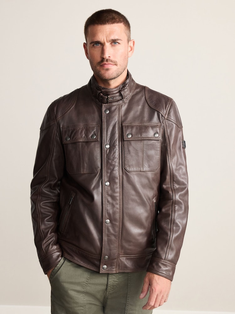 Red Brown Four Pocket Leather Biker Jacket - Image 1 of 17 Red Brown Four Pocket Leather Biker Jacket - Image 1 of 17