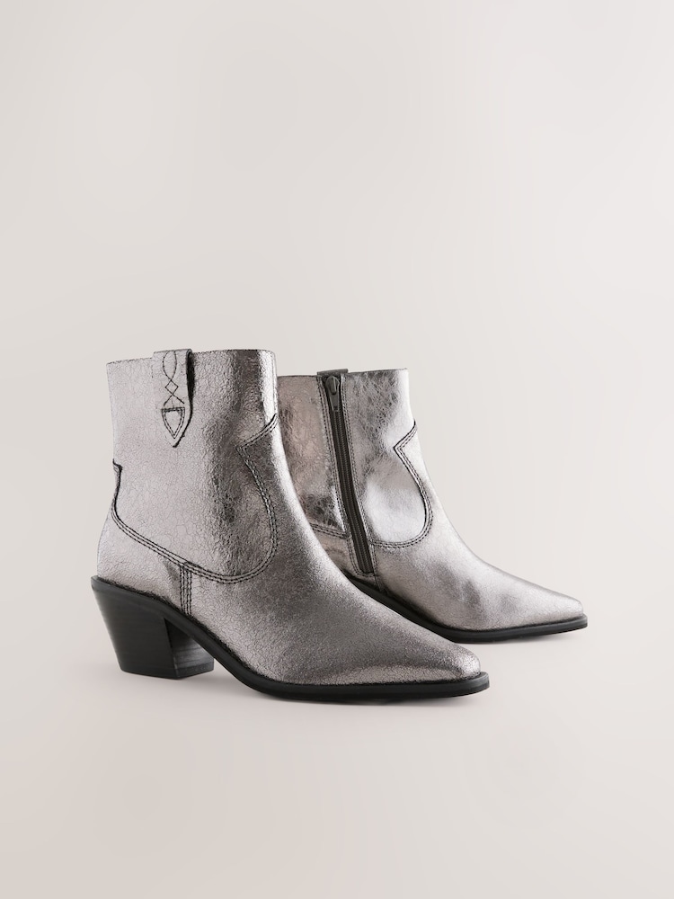 Metallic Silver Leather Standard/Wide Fit Forever Comfort® Cowboy Block Heel Ankle Boots - Image 1 of 5