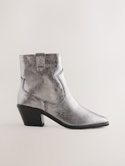 Metallic Silver Leather Standard/Wide Fit Forever Comfort® Cowboy Block Heel Ankle Boots - Image 2 of 5