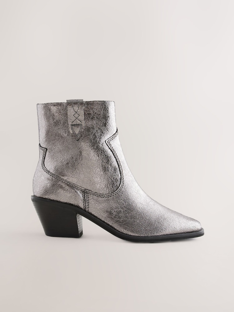 Metallic Silver Leather Standard/Wide Fit Forever Comfort® Cowboy Block Heel Ankle Boots - Image 2 of 5 Metallic Silver Leather Standard/Wide Fit Forever Comfort® Cowboy Block Heel Ankle Boots - Image 2 of 5