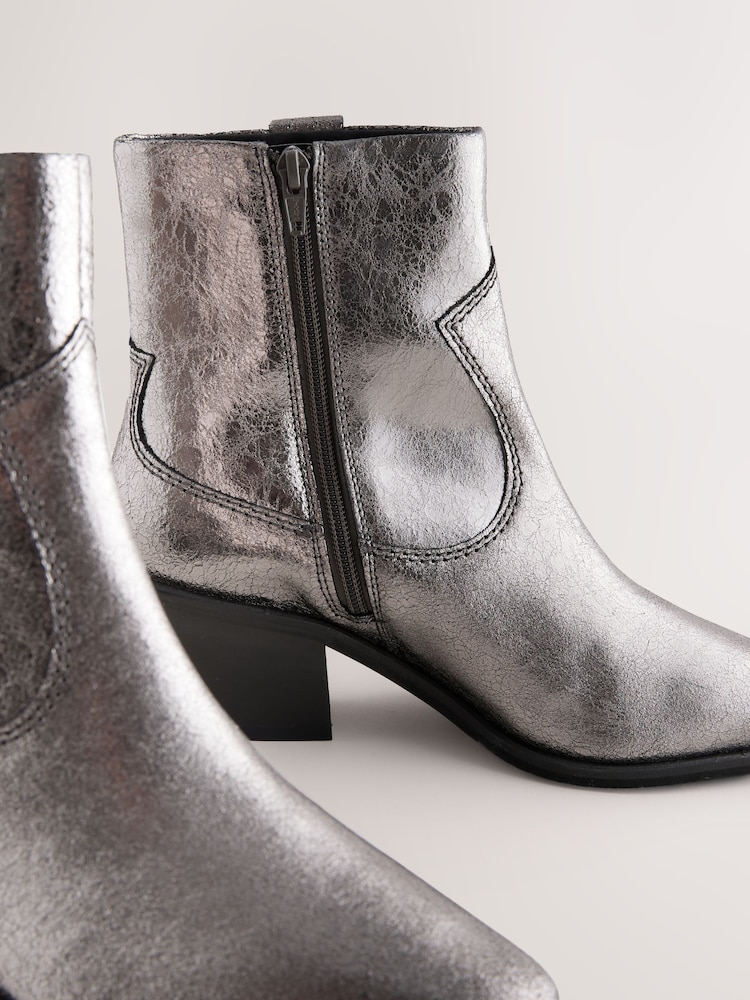 Metallic Silver Leather Standard/Wide Fit Forever Comfort® Cowboy Block Heel Ankle Boots - Image 5 of 5