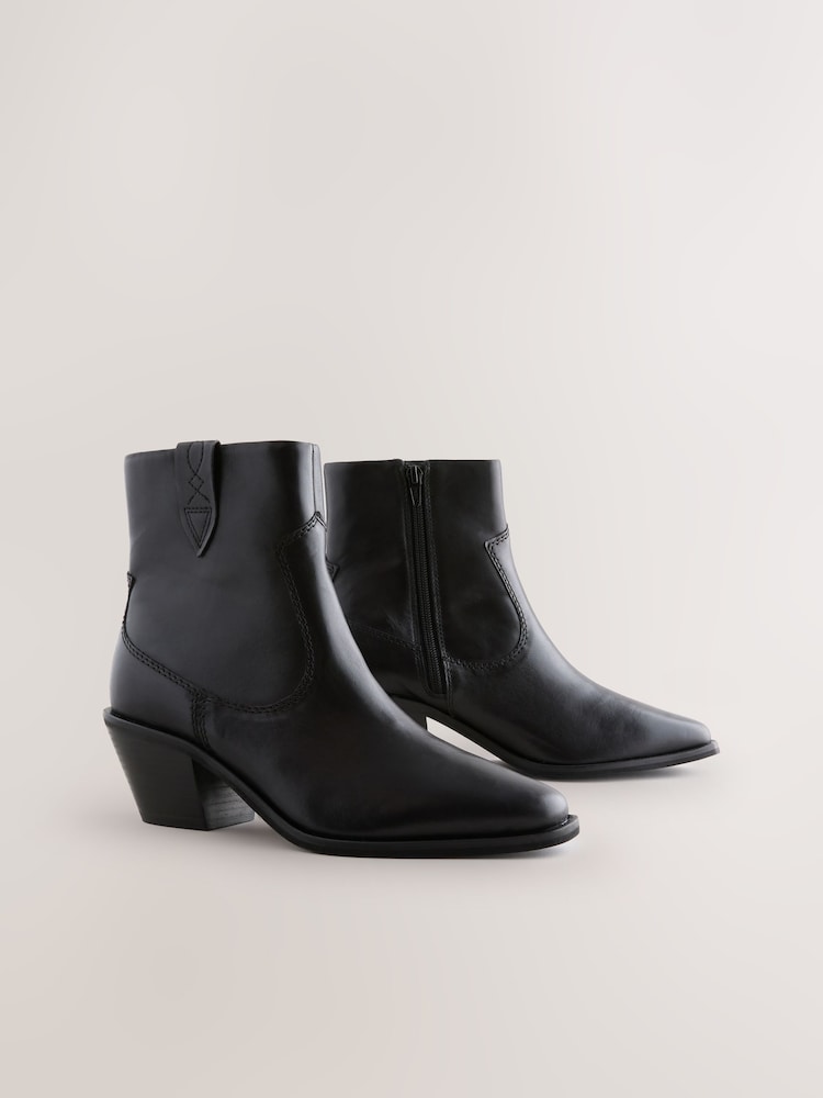 Black Leather Standard/Wide Fit Forever Comfort® Cowboy Block Heel Ankle Boots - Image 1 of 5 Black Leather Standard/Wide Fit Forever Comfort® Cowboy Block Heel Ankle Boots - Image 1 of 5