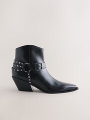 Black Leather Forever Comfort® Stud Harness Western Ankle Boots - Image 1 of 5