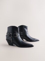 Black Leather Forever Comfort® Stud Harness Western Ankle Boots - Image 2 of 5