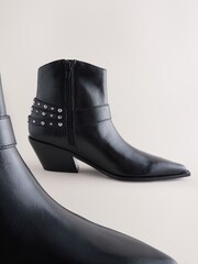 Black Leather Forever Comfort® Stud Harness Western Ankle Boots - Image 3 of 5