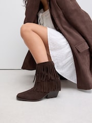 Chocolate Brown Suede Forever Comfort® Fringed Cowboy Ankle Boots - Image 1 of 6