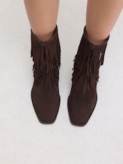 Chocolate Brown Suede Forever Comfort® Fringed Cowboy Ankle Boots - Image 2 of 6