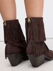 Chocolate Brown Suede Forever Comfort® Fringed Cowboy Ankle Boots - Image 5 of 6