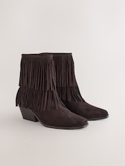 Chocolate Brown Suede Forever Comfort® Fringed Cowboy Ankle Boots - Image 8 of 13