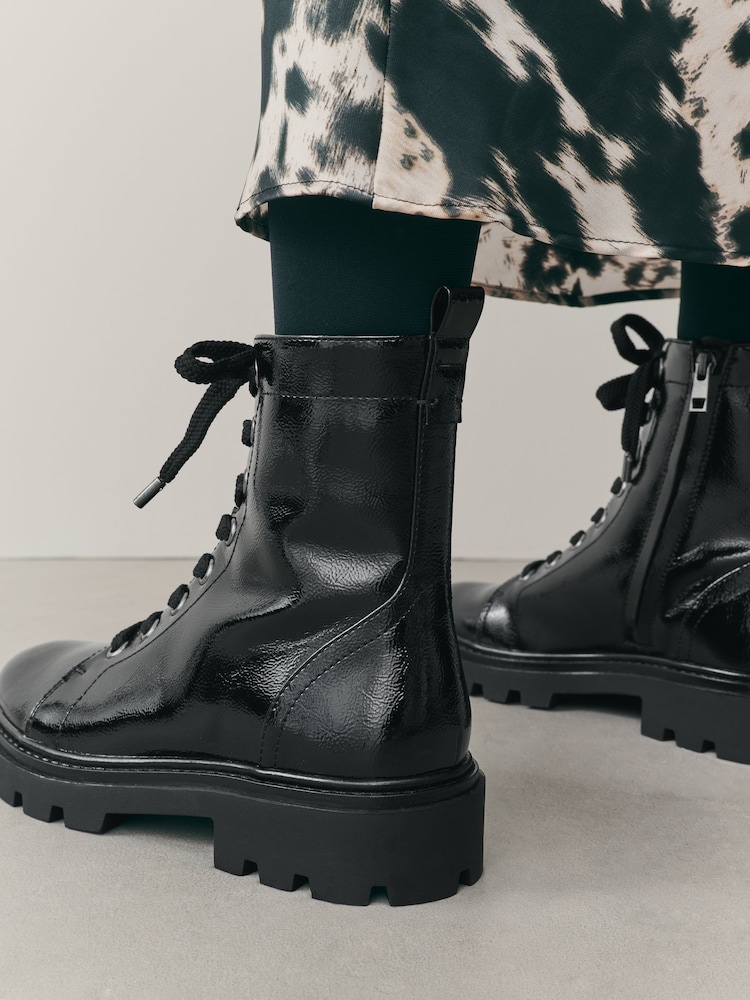 Black Patent Leather Boots Flat Lace Up Womens Boots Black Patent