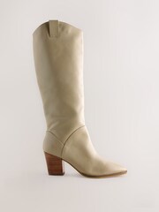 Neutral Leather Forever Comfort® Western Block Heel Knee High Boots - Image 6 of 10
