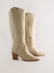 Neutral Leather Forever Comfort® Western Block Heel Knee High Boots - Image 7 of 10