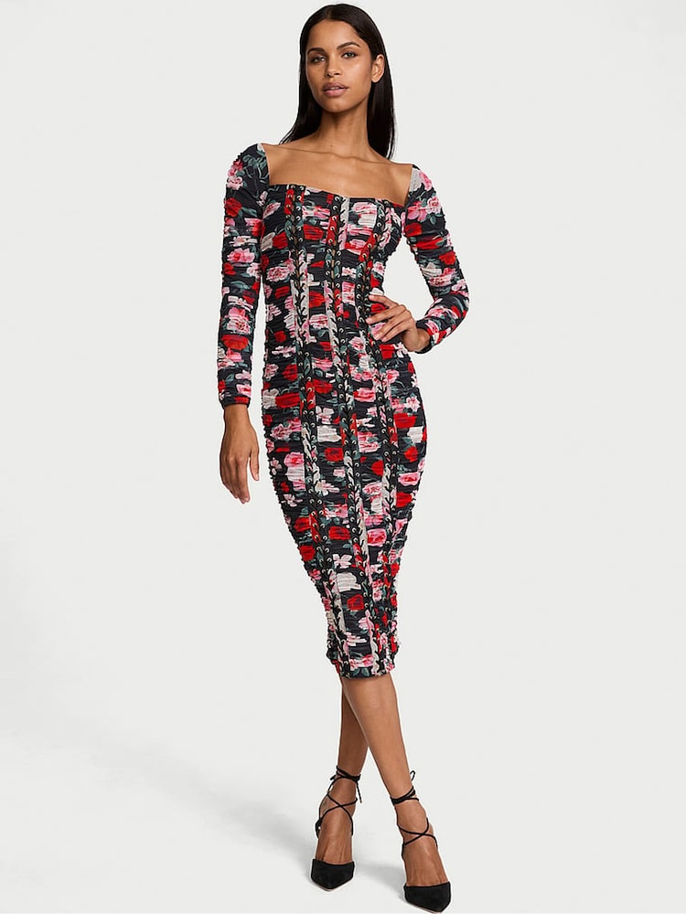 Victoria's Secret Black Atelier Floral Long Sleeve Slip Dress - Image 1 of 4