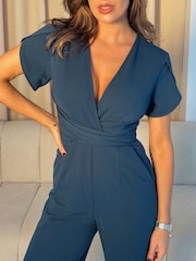 Girl In Mind Blue Bridget Twist Front Split Arm Jumpsuit - Image 5 of 5