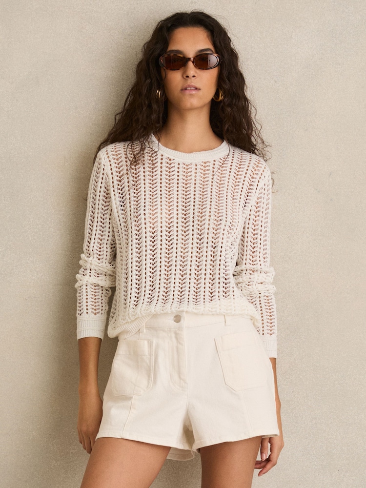 Reiss White Kira Mid-Rise Patch Pocket Denim Shorts - Image 1 of 6