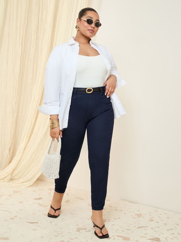 Friends Like These Dark Blue Curve Elasticated Waist Denim Jeggings - Image 1 of 4 Friends Like These Dark Blue Curve Elasticated Waist Denim Jeggings - Image 1 of 4