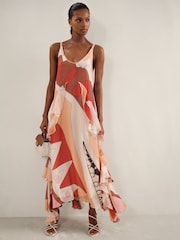 Reiss Cream/Red Sasha Petite Printed Ruffle Trim Maxi Dress - Image 1 of 6