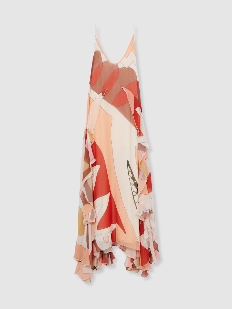 Reiss Cream/Red Sasha Petite Printed Ruffle Trim Maxi Dress - Image 2 of 6