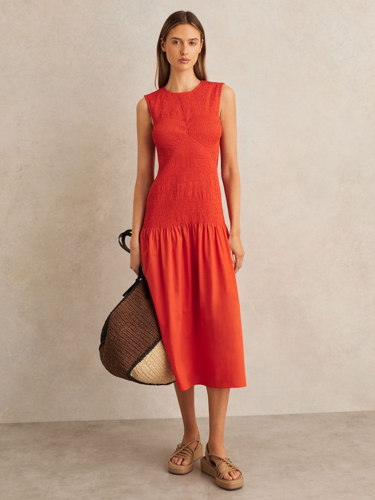Reiss Red Annabel Petite Cotton Shirred Midi Dress - Image 1 of 7