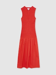 Reiss Red Annabel Petite Cotton Shirred Midi Dress - Image 2 of 7