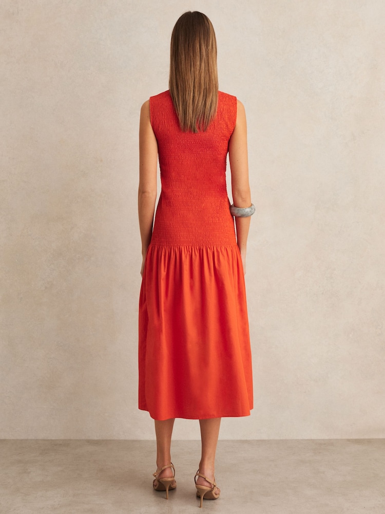 Reiss Red Annabel Petite Cotton Shirred Midi Dress - Image 5 of 7