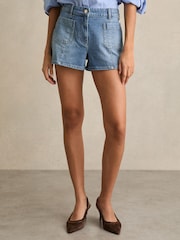 Reiss Mid Blue Kira Mid-Rise Patch Pocket Denim Shorts - Image 3 of 6