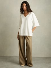 Reiss White Annabel Stretch-Cotton Oversized V-Neck T-Shirt - Image 1 of 6